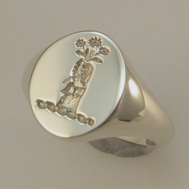 Hand with flowers crest seal engraved sterling silver 925 signet ring