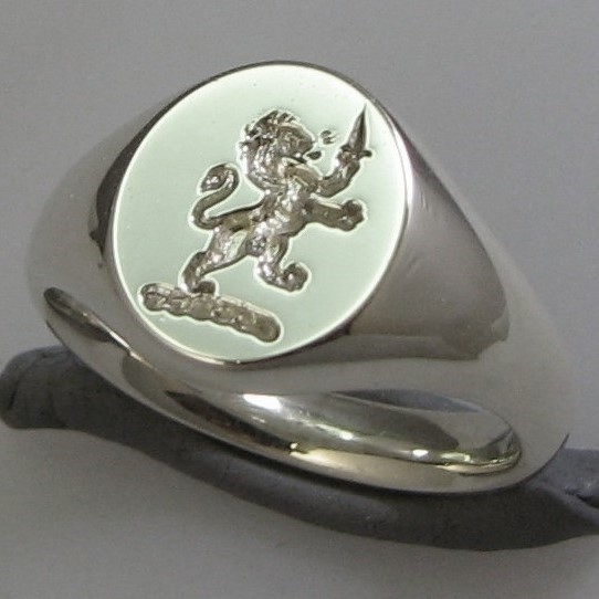 Lion rampant with dagger crest seal engraved sterling silver 925 signet ring