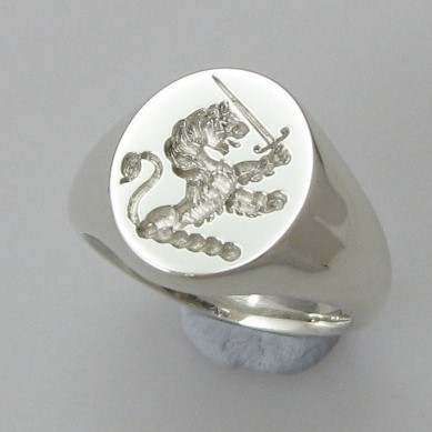 Demi lion with sword crest engraved signet ring