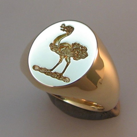Ostrich crest engraved seal style signet ring
