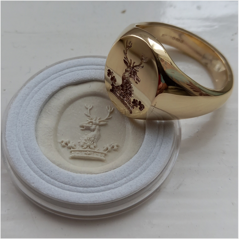 Stag in crown Crest engraved 9ct gold signet ring